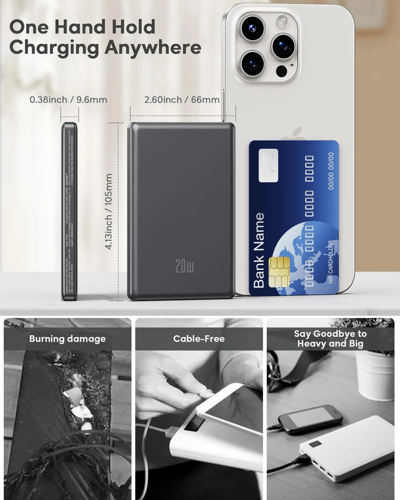 5000mAh Magnetic Power Bank, Wireless & 20W Fast Charger, for iPhone, Samsung (Type-C), Travel Portable Phone Battery Pack. view 6