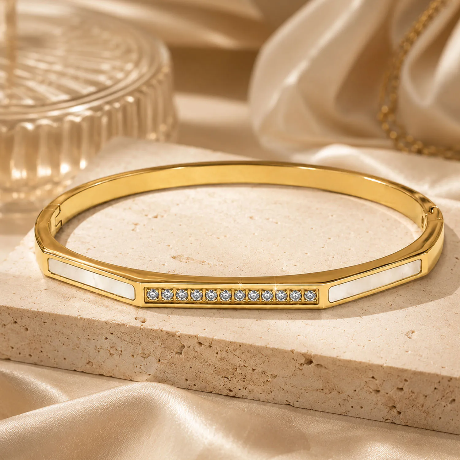1. Women Elegant Single Row Stone Inlay Slim Bangle Bracelet Classic Fashion Jewelry For Banquet Formal Occasion