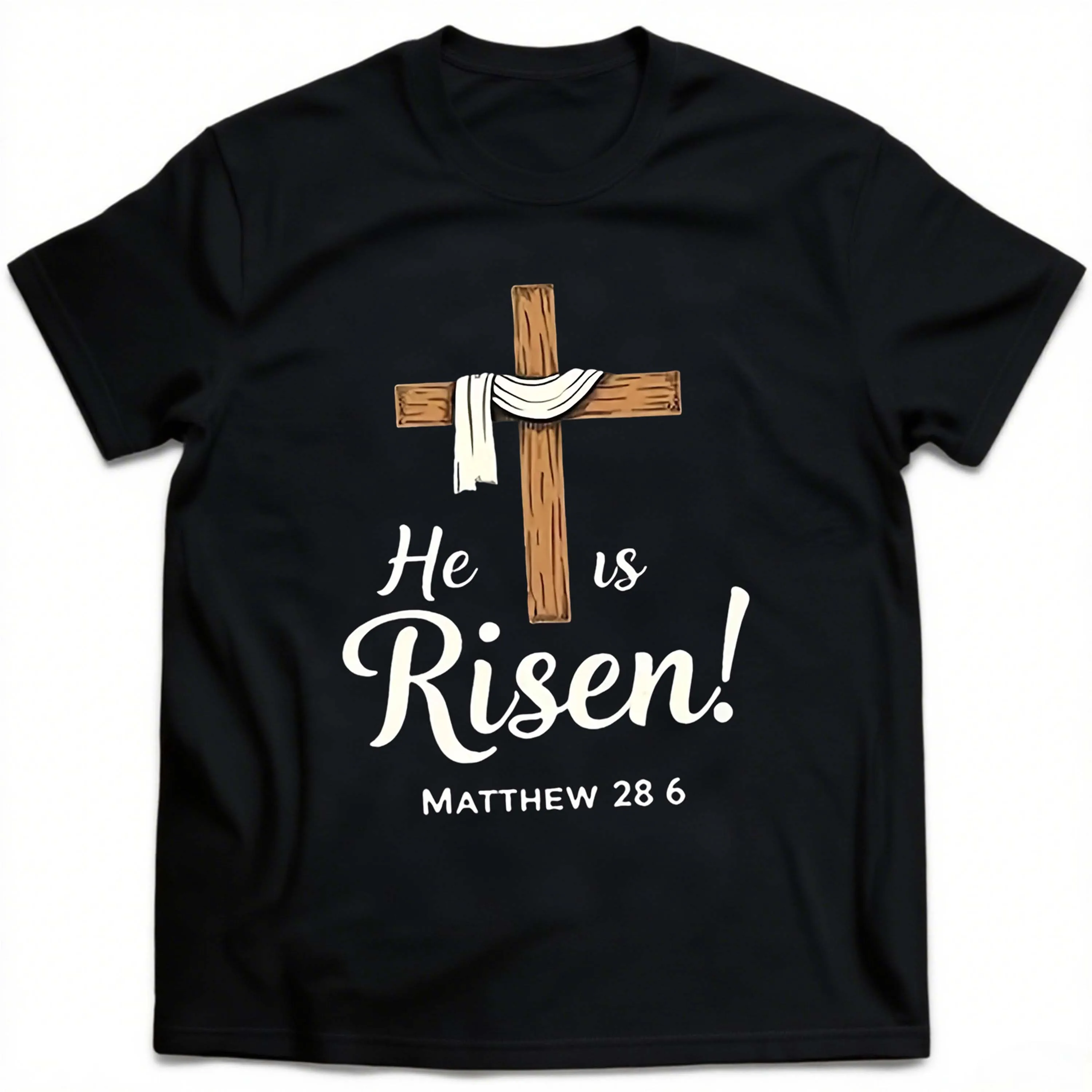 Kaos Lengan Pendek Hitam Ukuran Besar dengan Salib dan "Dia Bangkit!” Cetak Cocok untuk Pakaian Santai Luar Ruangan di Musim Panas.