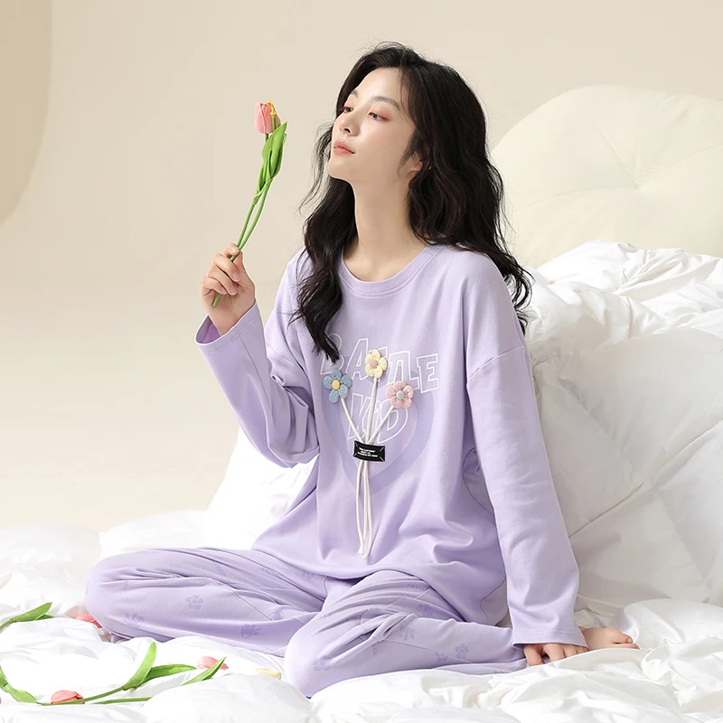 Spring and Autumn All Cotton Women's Pajamas Round Neck Pullover Chest 3D Flower Decoration Women's All Cotton Autumn Casual Set