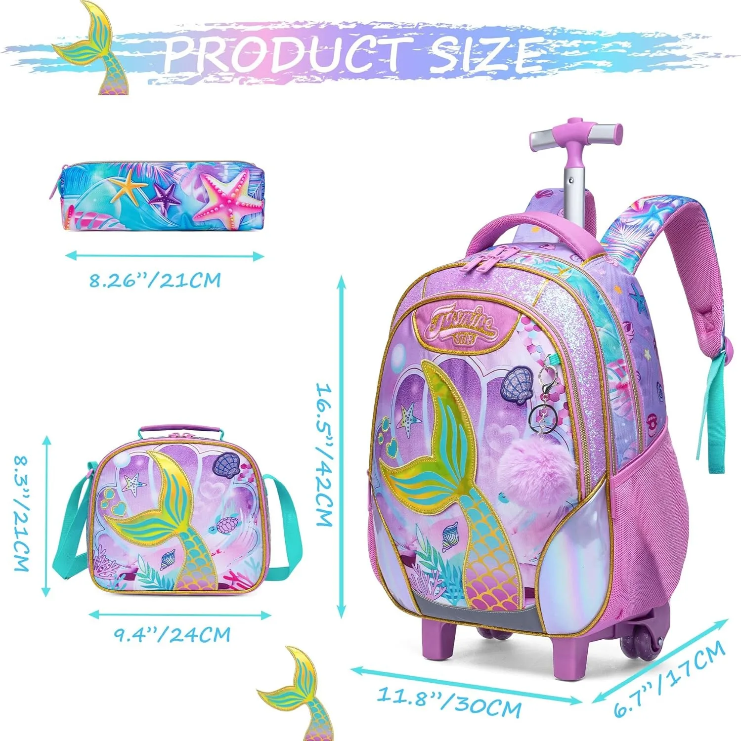 حقيبة ظهر حورية البحر للفتيات والأطفال حقيبة مدرسية بعجلات للسفر تحمل الأمتعة حقيبة كتب ذات سعة كبيرة للمدرسة الابتدائية #2