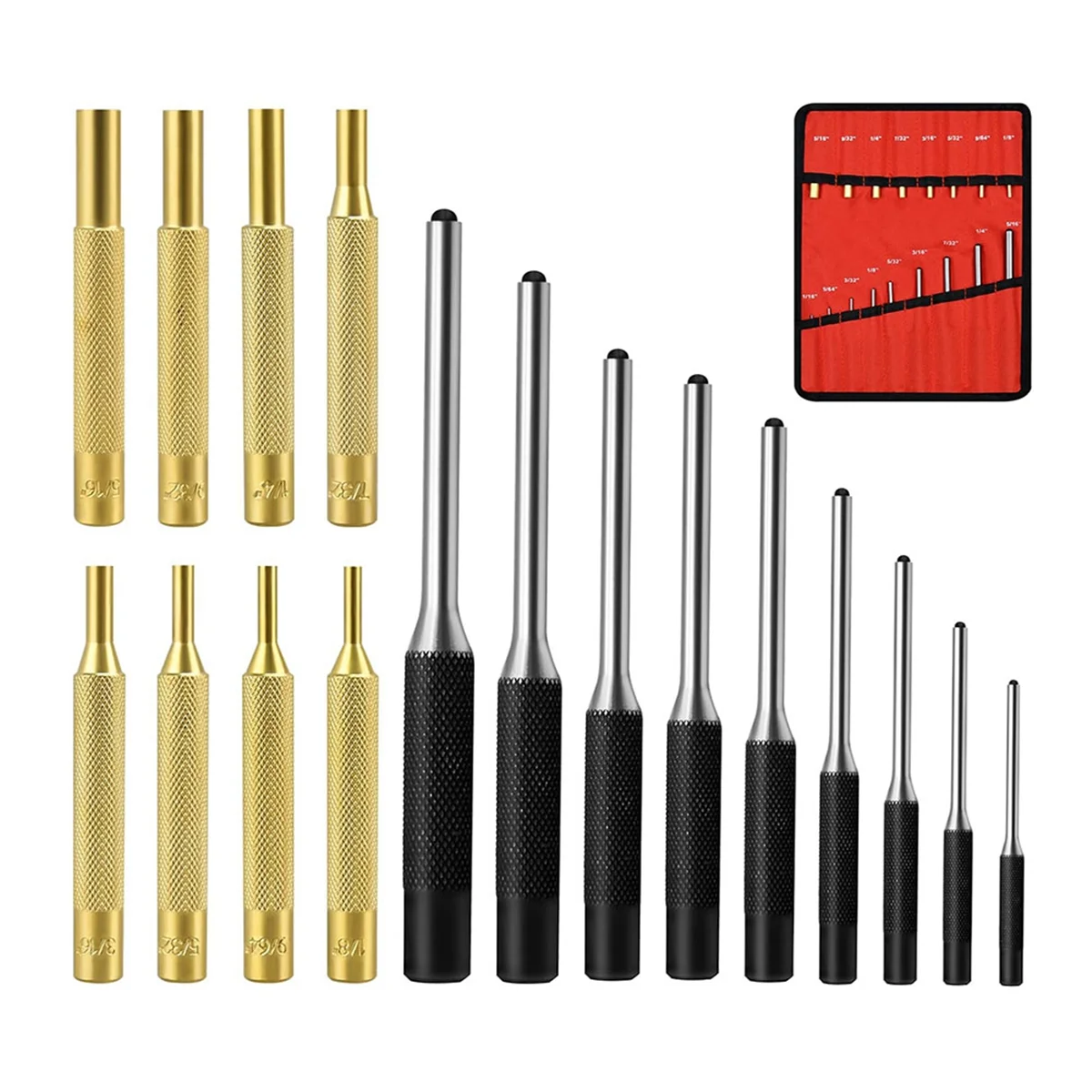 Roll Pin Punch Set, Punch Removing Repair Tools, Including Brass Pin Punches, Steel Pin Punches with Storage Pouch