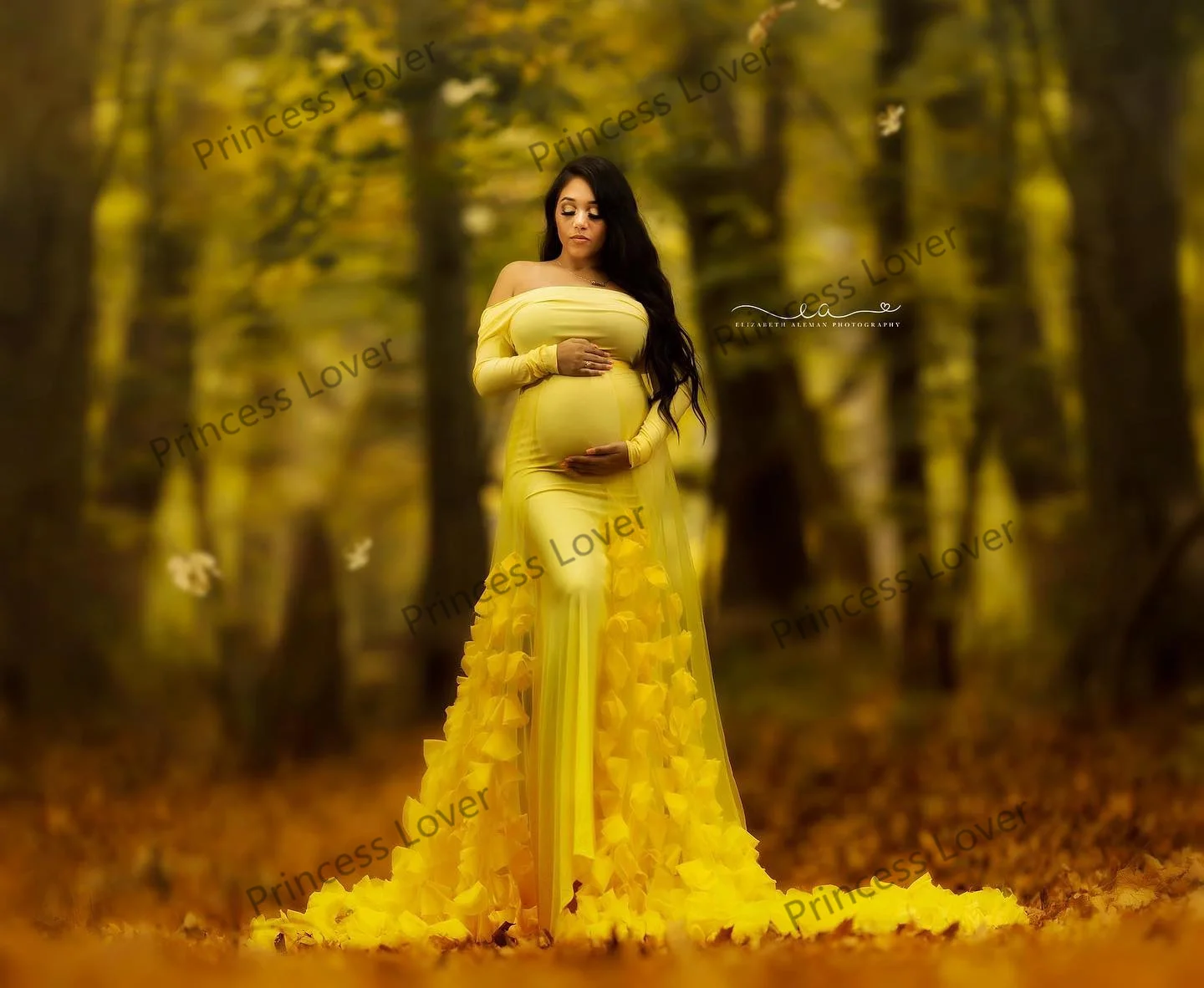 Off Shoulder Yellow Maternity Photoshoot Dress with Detachable Train Floral Appliques Prom Dresses Ladies Baby Shower Gown