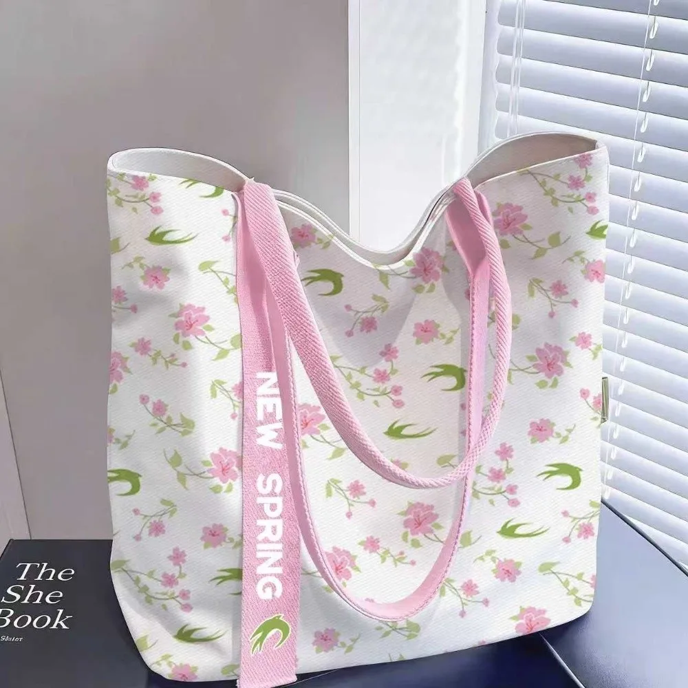 Cute Canvas Tote Bag Cartoon Print Reusable Rabbit Print Bag Large Capacity Lightweight Shopping Bag Shopping School Gifting