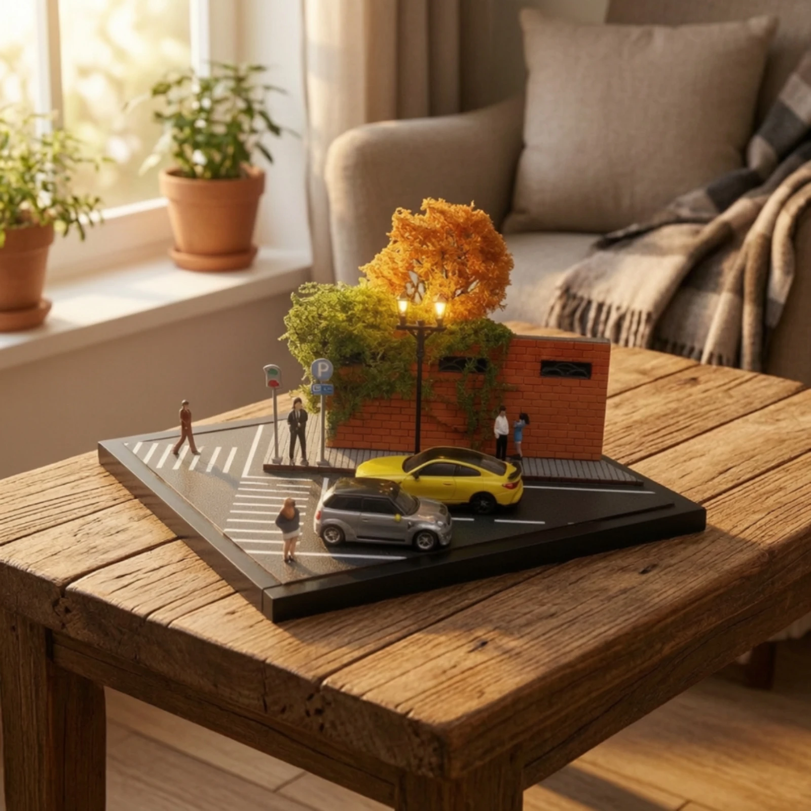 Miniature Diorama with Lighting Assembled Street Corner Model with Lights Display Scene Model Detailed Lamppost Simulation