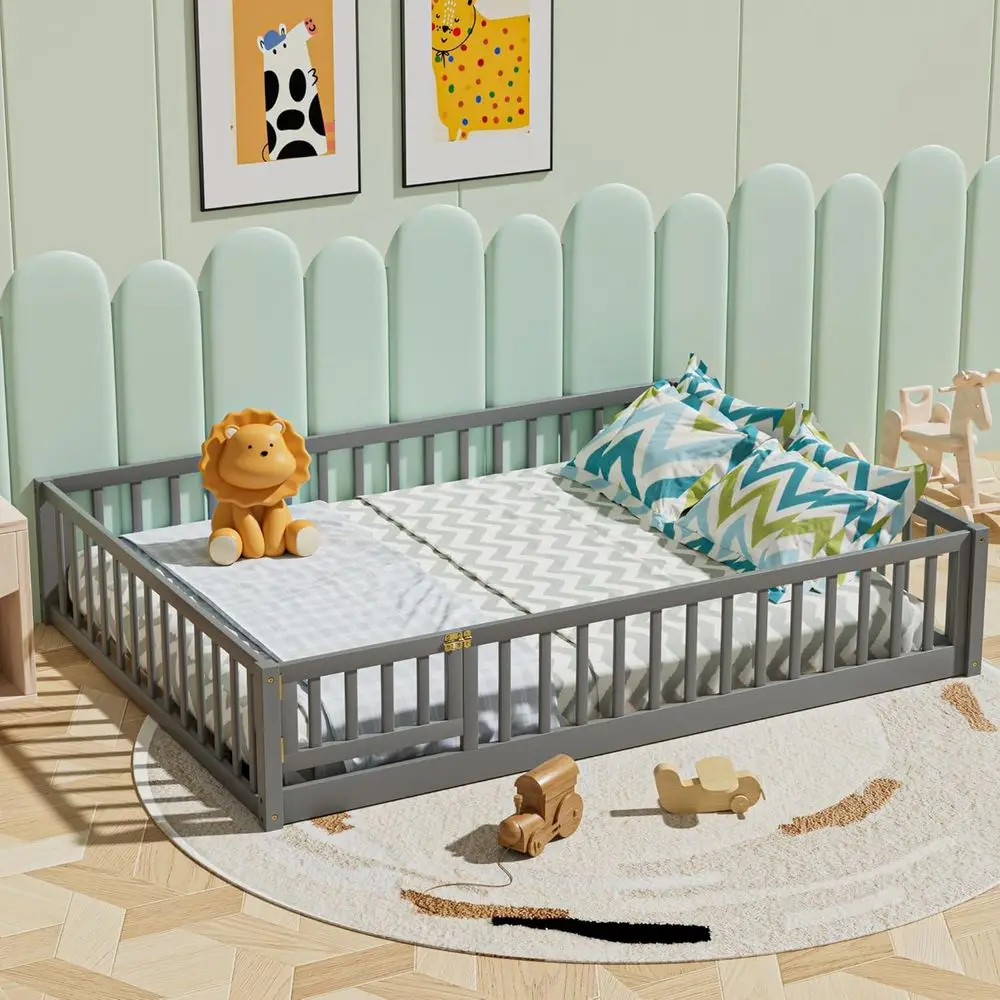 Montessori Kids Floor Bed, Durable Wooden Frame with Slats, Fencing, and Door, Gray, Suitable for Boys & Girls