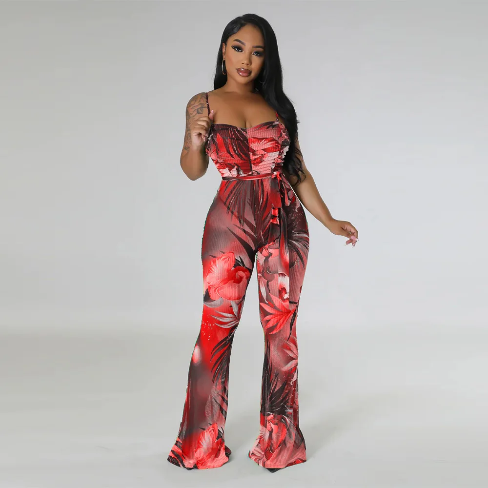 Women Printed Spaghetti Strap Backless Sleeveless Jumpsuit Sexy Summer Bell-bottoms Pants Jumpsuit Summer Beach Wear