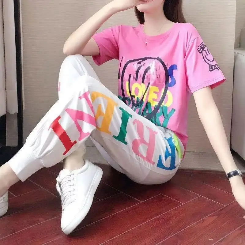 

Women's Loose Suit 2025 Summer New Fashion Sportswear Short Sleeve Tops And Pants 2 Two Piece Sets Casual T-shirt Korean Outfit