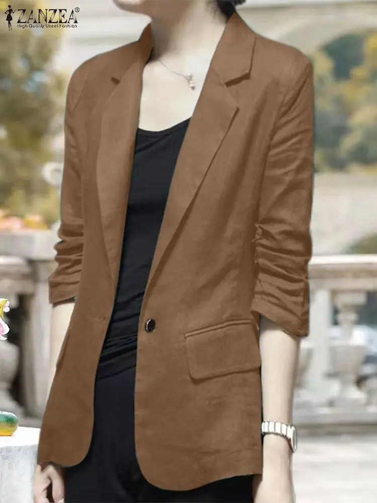 2024 ZANZEA Summer Outwear Elegant Work Thin Coats Top Vintage Women Blazer Autumn Lapel Neck 3/4 Sleeve Solid OL Suits Jackets