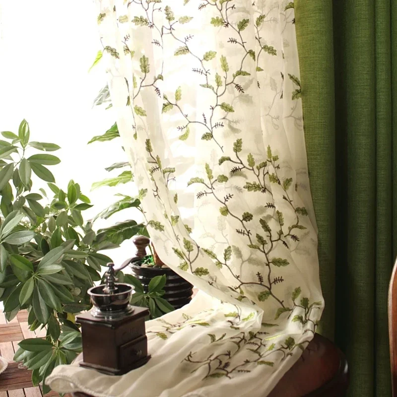 Pastoral Blackout Curtain Green Linen Fabric Window Screen Leaves Embroidered Curtain Tulle for Living Room Bedroom American