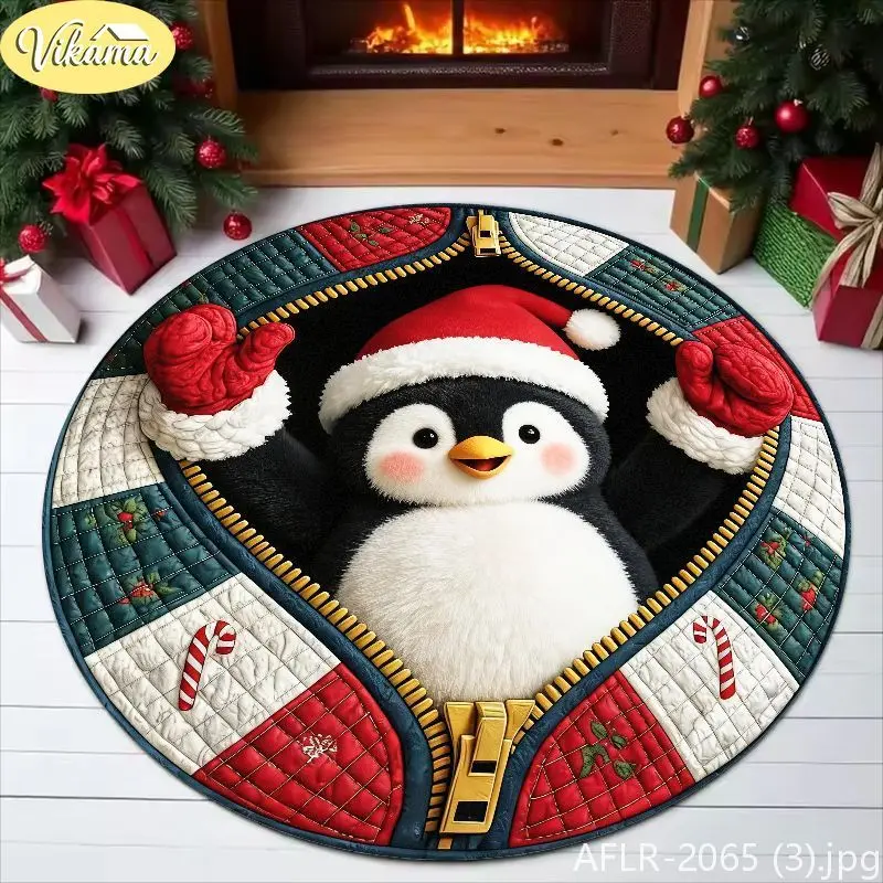 VIKAMA Zipper Penguin Christmas Round Rug, Soft Non-Slip Living Room Rug, Christmas Tree Base Decorative Rug, Home Decor