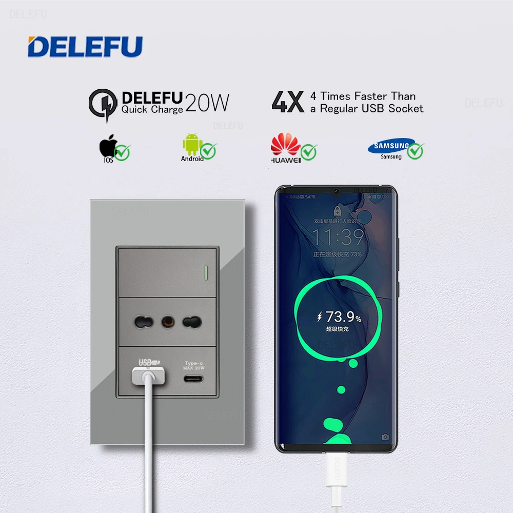 DELEFU زجاج SC70 لوحة 118 مللي متر رمادي إيطالي قياسي USB C-نوع شحن سريع مقبس الحائط التبديل التلفزيون الهاتف CAT5 CAT6