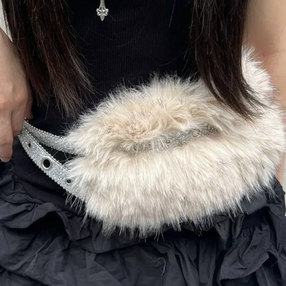 ヴィンテージ Y2K レザーファーベルトラインストーンスパイシーガールスタイル毛皮のようなウエストバンドレトロ多用途ぬいぐるみウエストベルトドレス装飾