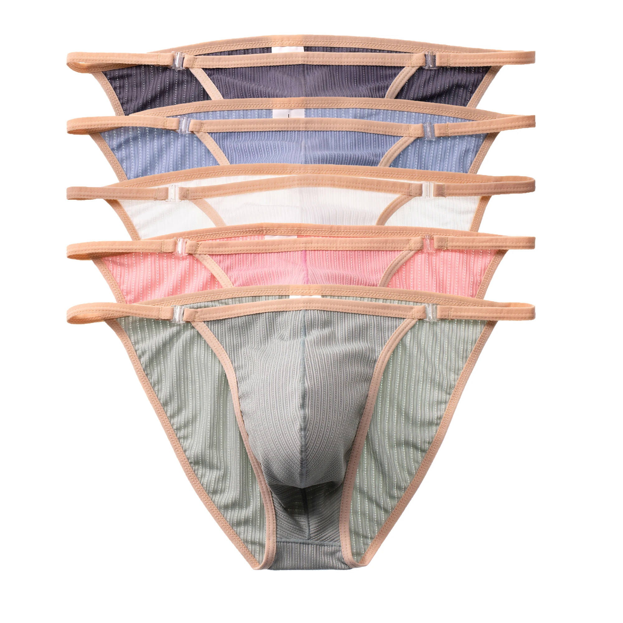 

5PCS/Set Men's Bulge Pouch Soft Briefs Thongs Breathable T-back Solid Sexy Low Waist Bikini Panties Detachable Buckle Underwear