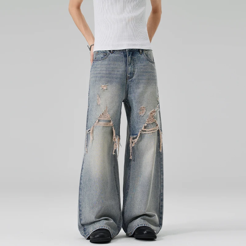 Men's Y2K Straight Jeans Distressed Men Jean Ripped Holes Washed Denim Pants Spring Loose Solid Zipper Pockets Casual Trend 2026