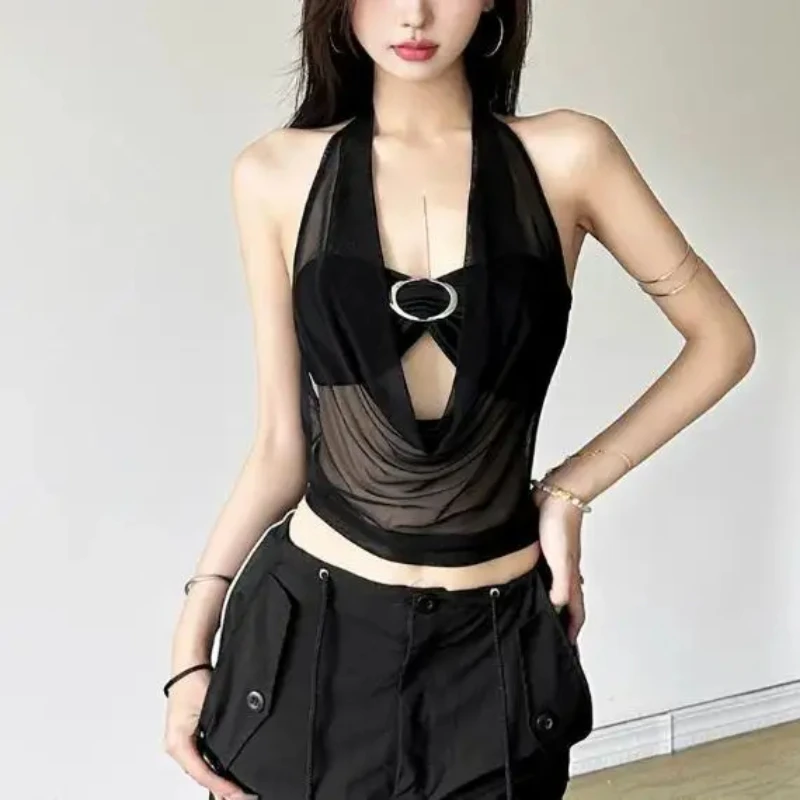 Europe America Mesh Hanging Neck Lace Up Vest Women Clothing Layered Summer Sexy Spicy Girl Hollow Out Draped Neckline Short Top