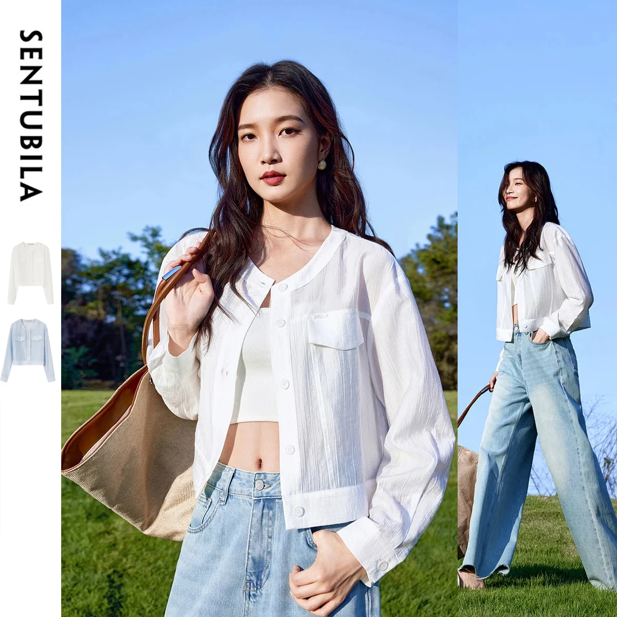 SENTUBILA Lyocell Women Shirt Solid Round Collar Long Sleeve Single Breasted 2025 Spring New Cropped Shirts & Blouses 151C57854