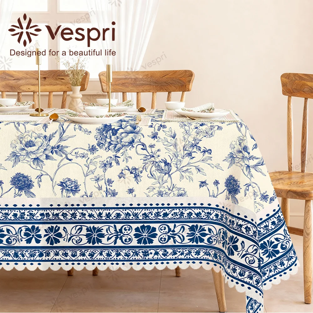 Vespri wood-grain, Mediterranean style tablecloth, white and blue decorations, flowers and leavesZYC