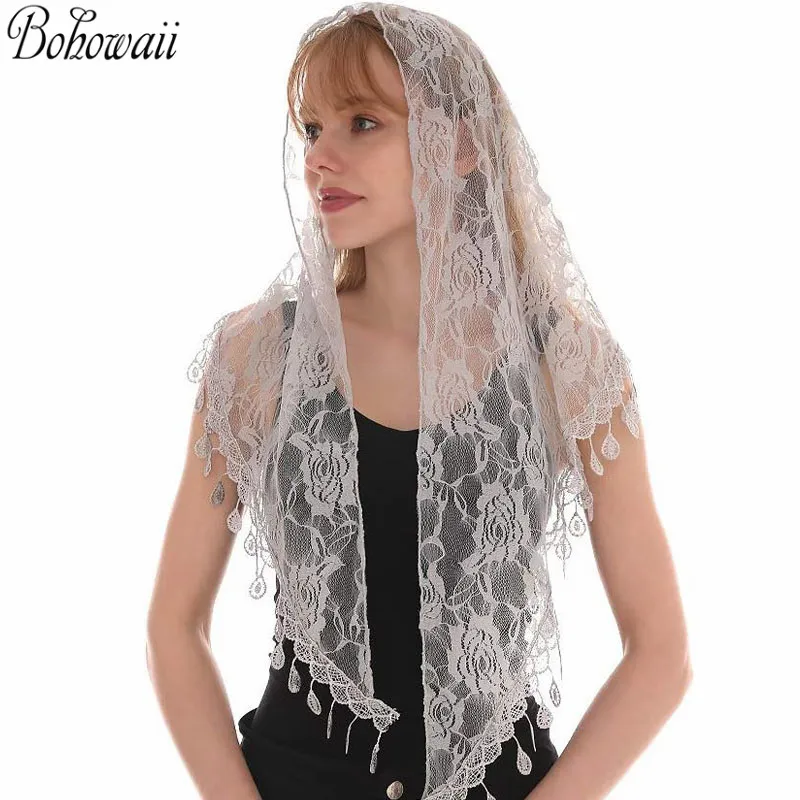 BOHOWAII Hijab Scarf Triangle Lace Mantilla Veil Tulle Scarf Head Covering Church Veil for Mass Wedding Bridesmaids