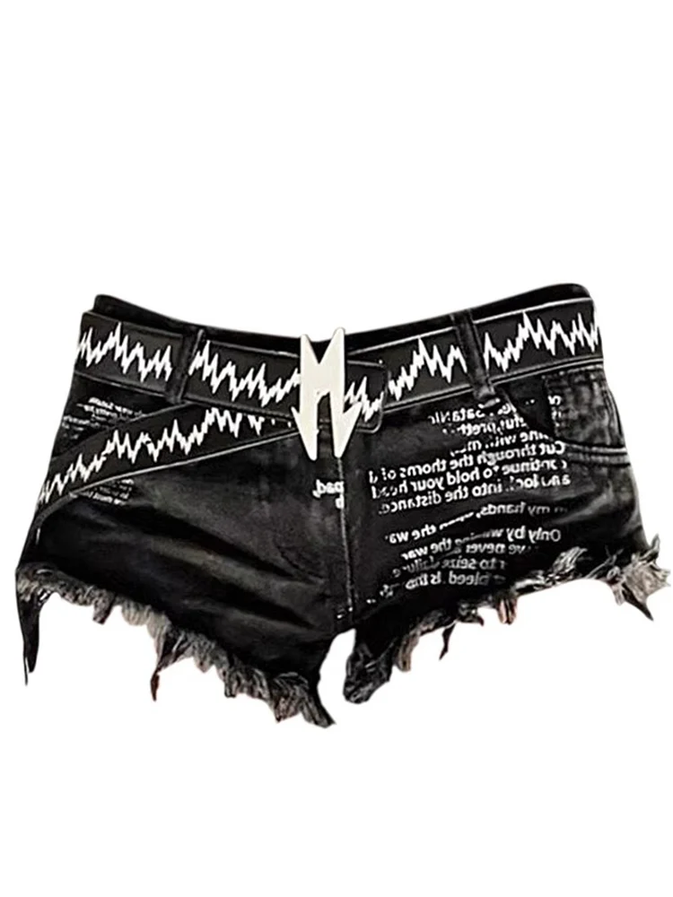 Y2K Letter Print Shorts Women Low Waist Jeans Rough Edge Spicy Girl Black Hip Hugging Hot Pants