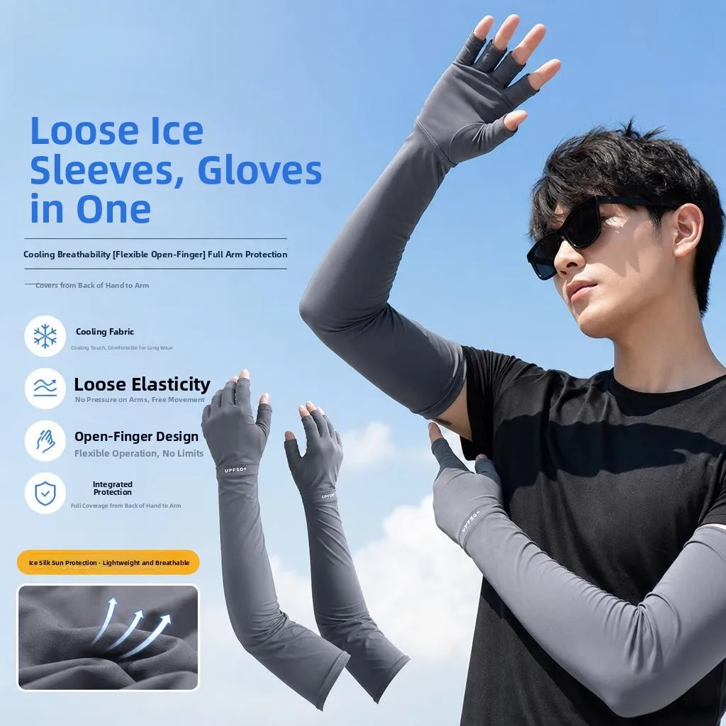 sun-protection-ice-silk-arm-covers-men's-lightweight-summer-bicycle-riding-cool-feeling-integrated-design-gloves