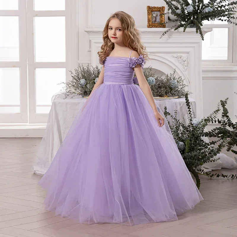 ライラック チュール フラワー ガール ドレス オフショルダー フリル プリンセス ガウン 夏 新しい誕生日パーティー ディナー ドレス