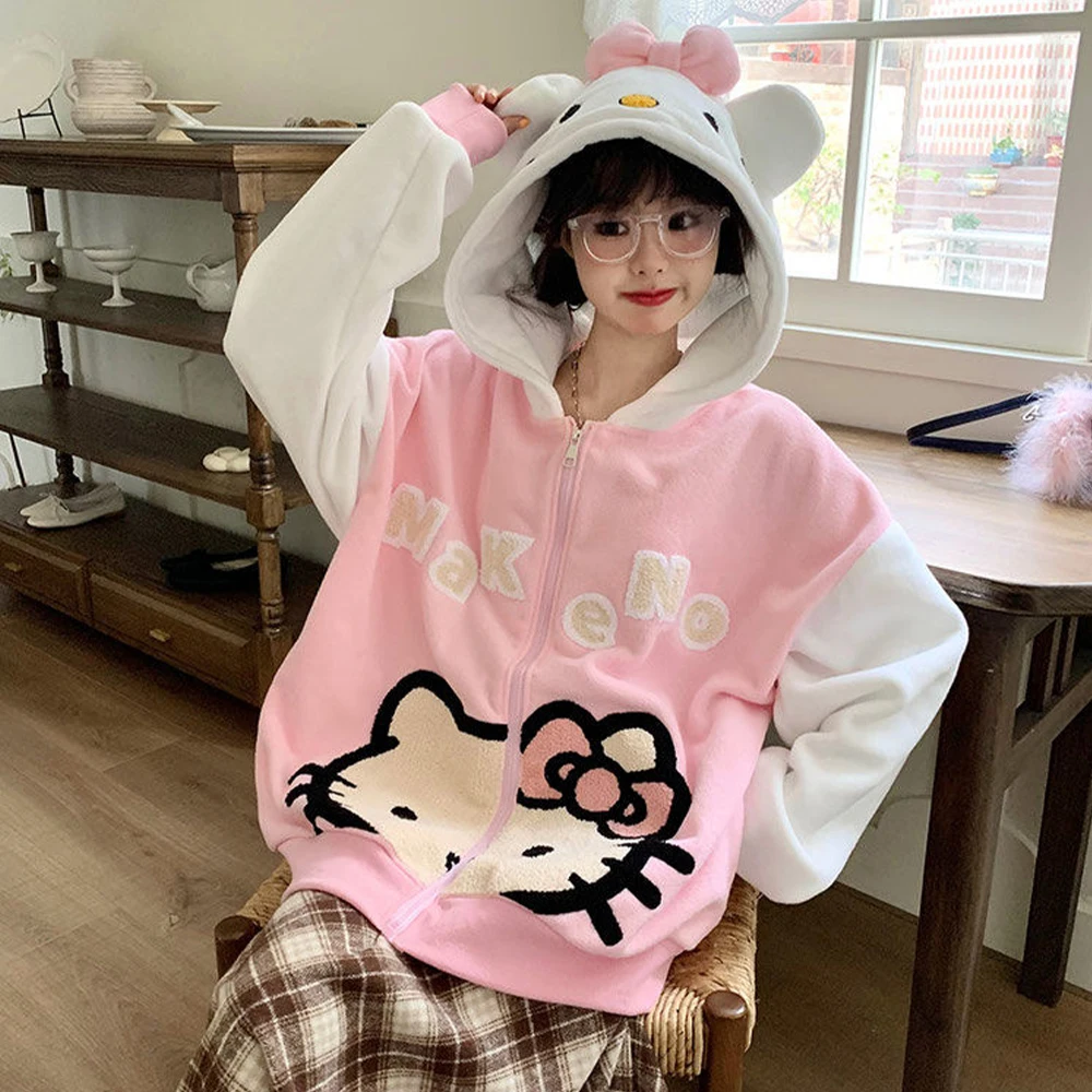 Hello Kitty Kawaii Plush หนาเสื้อผู้หญิง Lambswool Sanrioed อะนิเมะฤดูหนาวผู้หญิงอบอุ่นเสื้อสเวตเตอร์ถัก Hooded Tops หลวมน่ารักหวาน