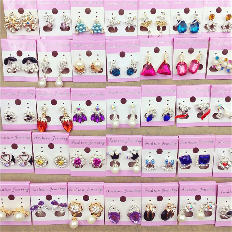 10/20Pairs/Lot Fashion Colorful Rhinestone Stud Earrings For Women Mix Style Flowers Geometry Heart Love Jewelry Party Gifts