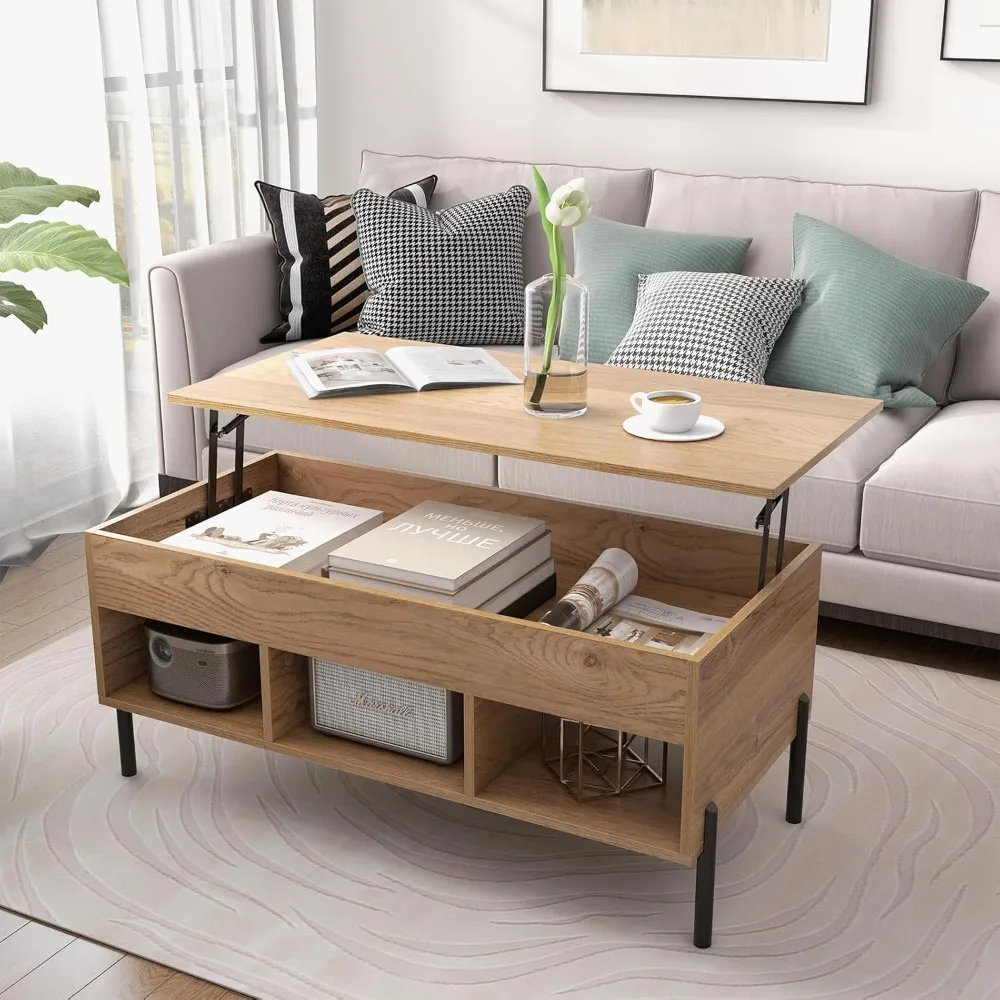 

Lift Top Coffee Table - Rectangular Wooden Table w/Hidden Compartment & Open Storage Shelves, Convertible Lift-Top Console Table