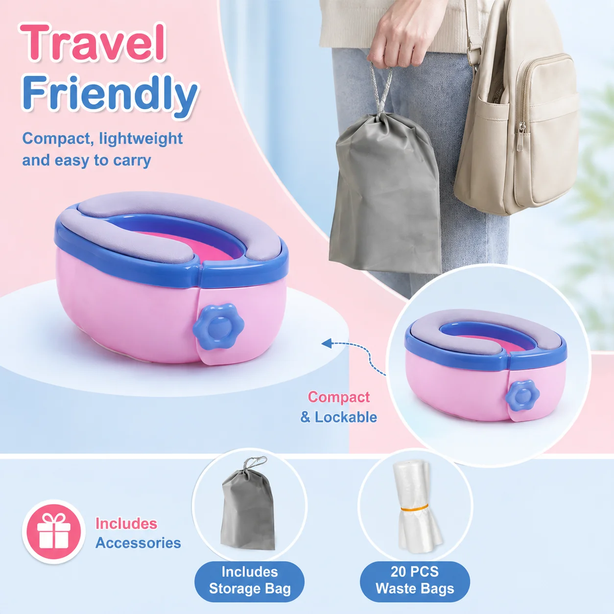 Portable Collapsible Baby Travel Potty Hard Cushion Kids Car Toilet 20 Garbage Bags Storage Pouch Boys Girls Outdoor Travel Use