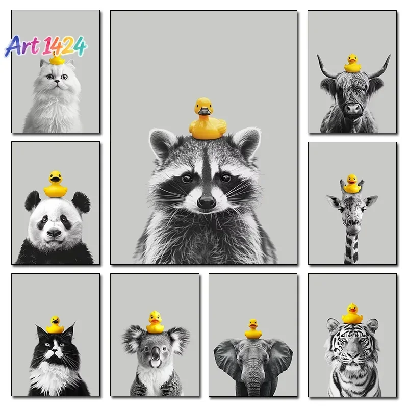 Chimp Elephant Tiger Highland Cow Raccoon Panda with Rubber Duck Poster Bathroom Wall Art Canvas Painting Home Decor Cuadros