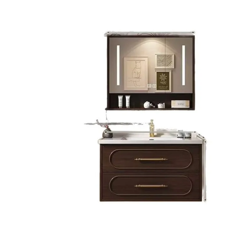 Retro French walnut rubber wood cabinet combination ceramic integrated washbasin