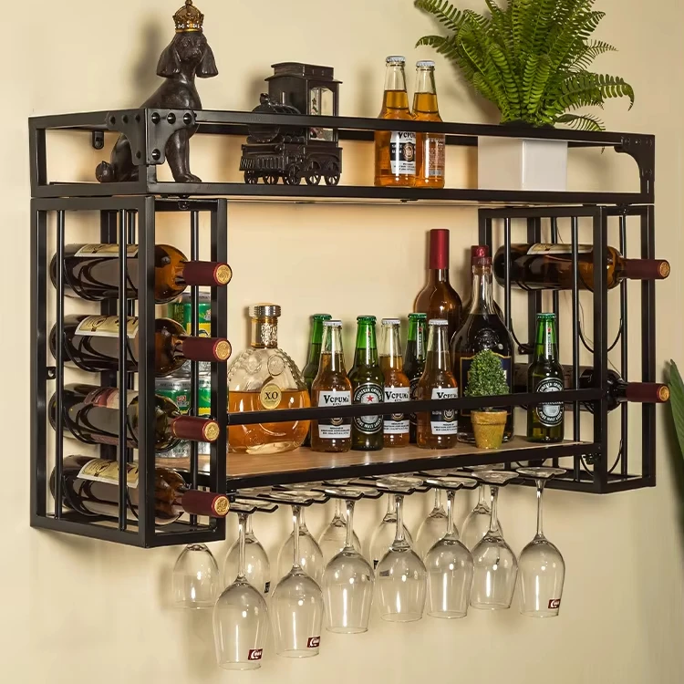 !@Solid Wood Bar Counter Wall Hanging Wine Rack Inverted Display Storage Rack with Background Wall for Wine Bottle Storage