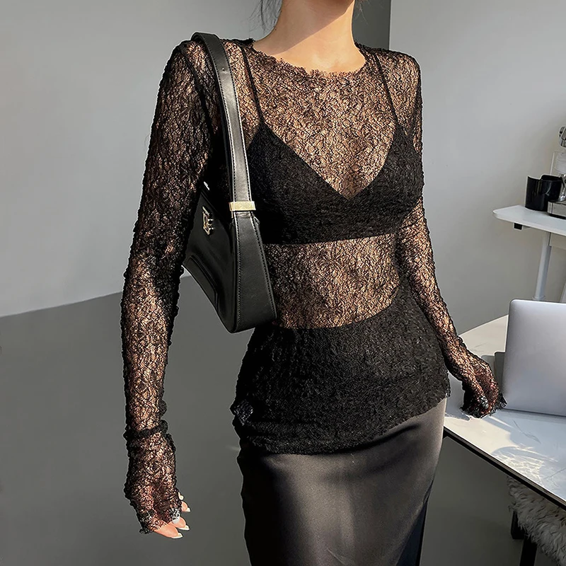 

See Through Tops Spring 2024 Fashion Woman Blouse Sexy Long Sleeve Tees Streetwear Stylish Elegant Aesthetic Coquette Mesh Top