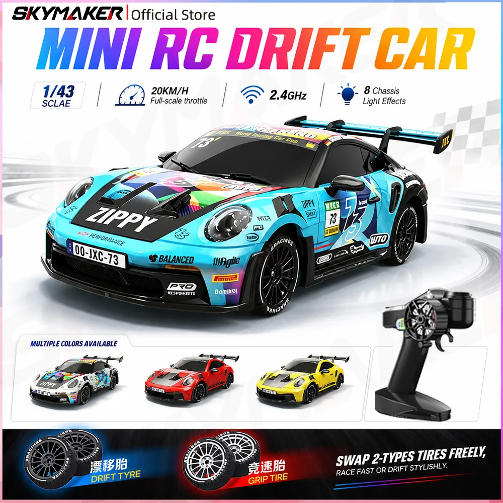1:43 PO4302 GT3RS MINI 4WD RC Drift Racing Car 20KM/H Full Proportional Throttle Multi‑Color LED Light Mini Remote Control Toys
