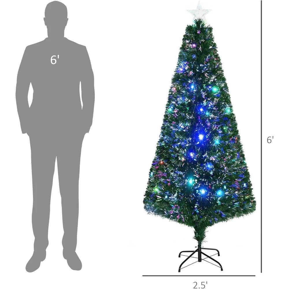 6FT Fir Artificial Christmas Tree, Equipped with 24 Multi-color LED Lights, Fiber Optics, and 230 Pointed Green Decorations