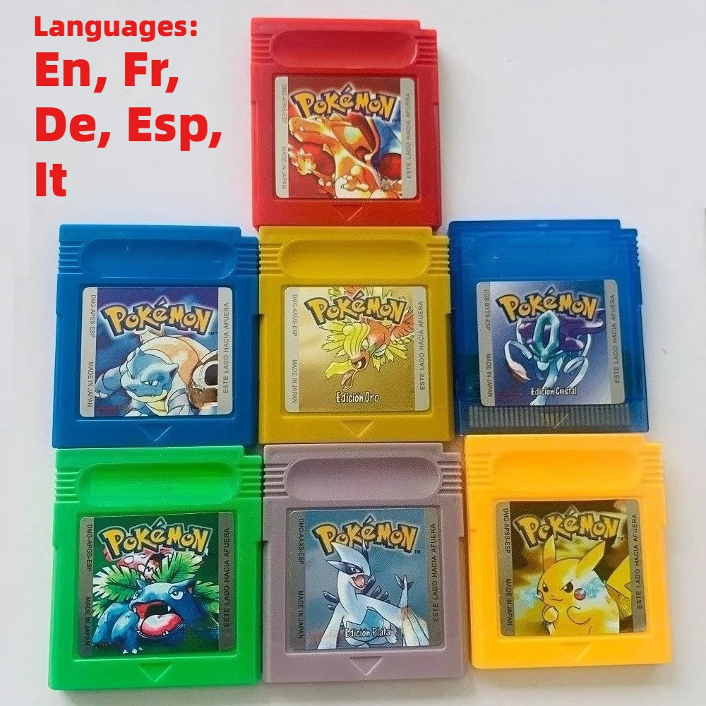 

A Set GBC Retro Game Cartridges, Pokémon Series Games, Gold，Silver Crystal，Yellow，Red，Blue, Multilingual: En, Fr, De, Esp, It