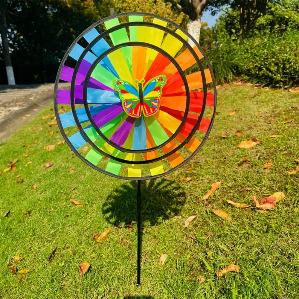 Láseres coloridos multiestilos, película deslumbrante, molino de viento que cambia de Color, estaca brillante de doble capa, molinete de flores para césped de pie, PVC