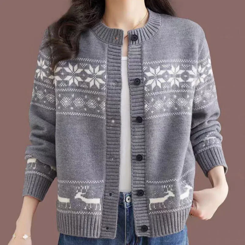 Autumn Winter Vintage Jacquard Loose Knitted Cardigan O-neck Single Breasted Contrast Sweaters Office Lady Fashion Chic Tops