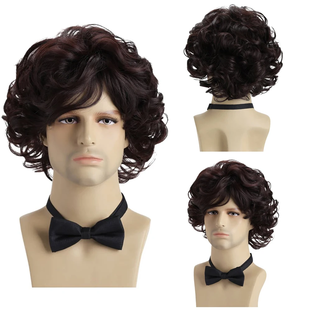Men Natural Realistic Dark Brown Short Curly Wig No-Tangle Fluffy Full Wig Heat Resistant Synthetic Wig For Daily Commute