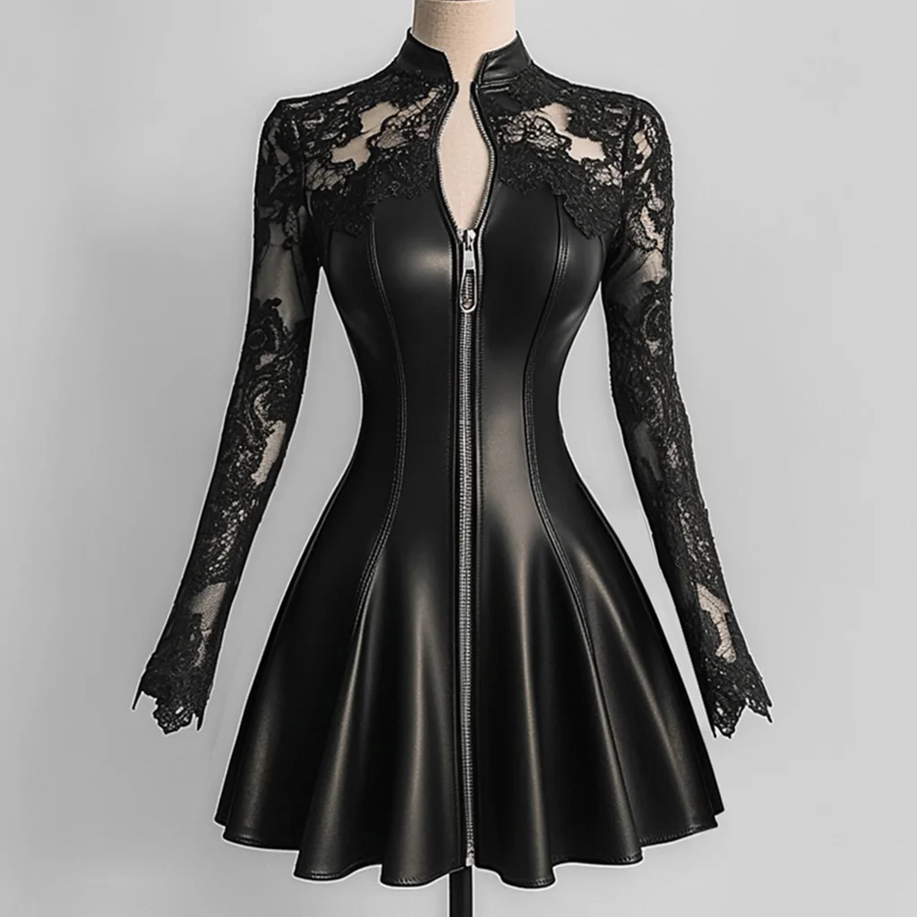 

Elegant Women PU Leather Dress Lace Patchwork Mesh Long Sleeve Zipper Up Waist-Cinching Dress A-Line Party Sexy Mini Dresses