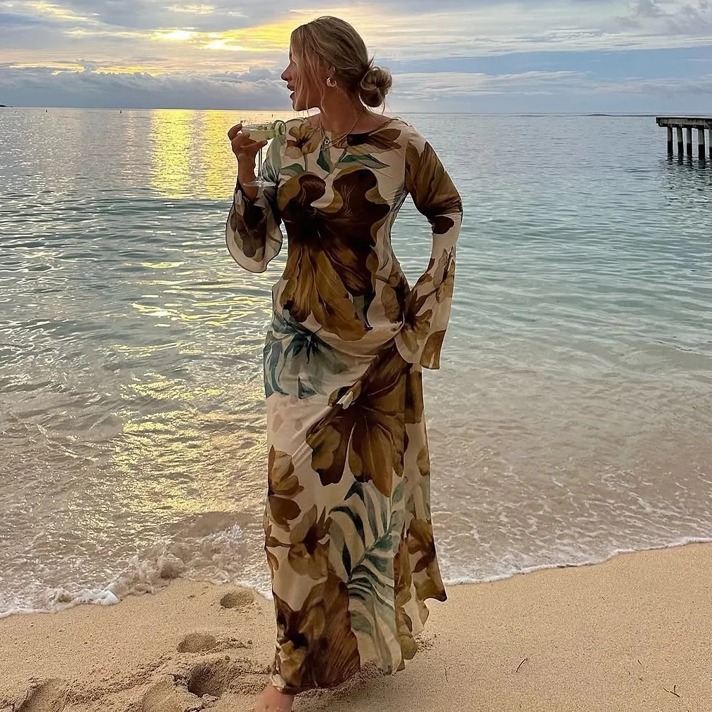 Robe Maxi rétro à imprimé Floral pour femmes, col en v, manches longues, Vintage, Slim