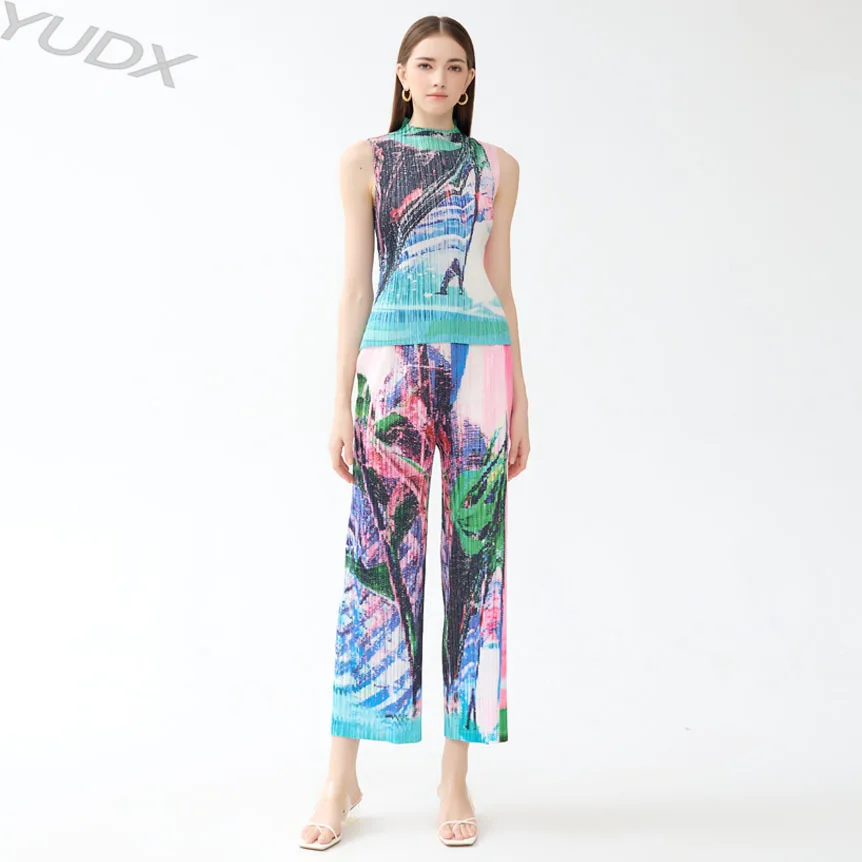 YUDX Pleated 2-piece Set 2023 Fall  Women\'s Printed Sleeveless Top + Clothing Straight Pants Slim Suit Fashion Casual Clothing