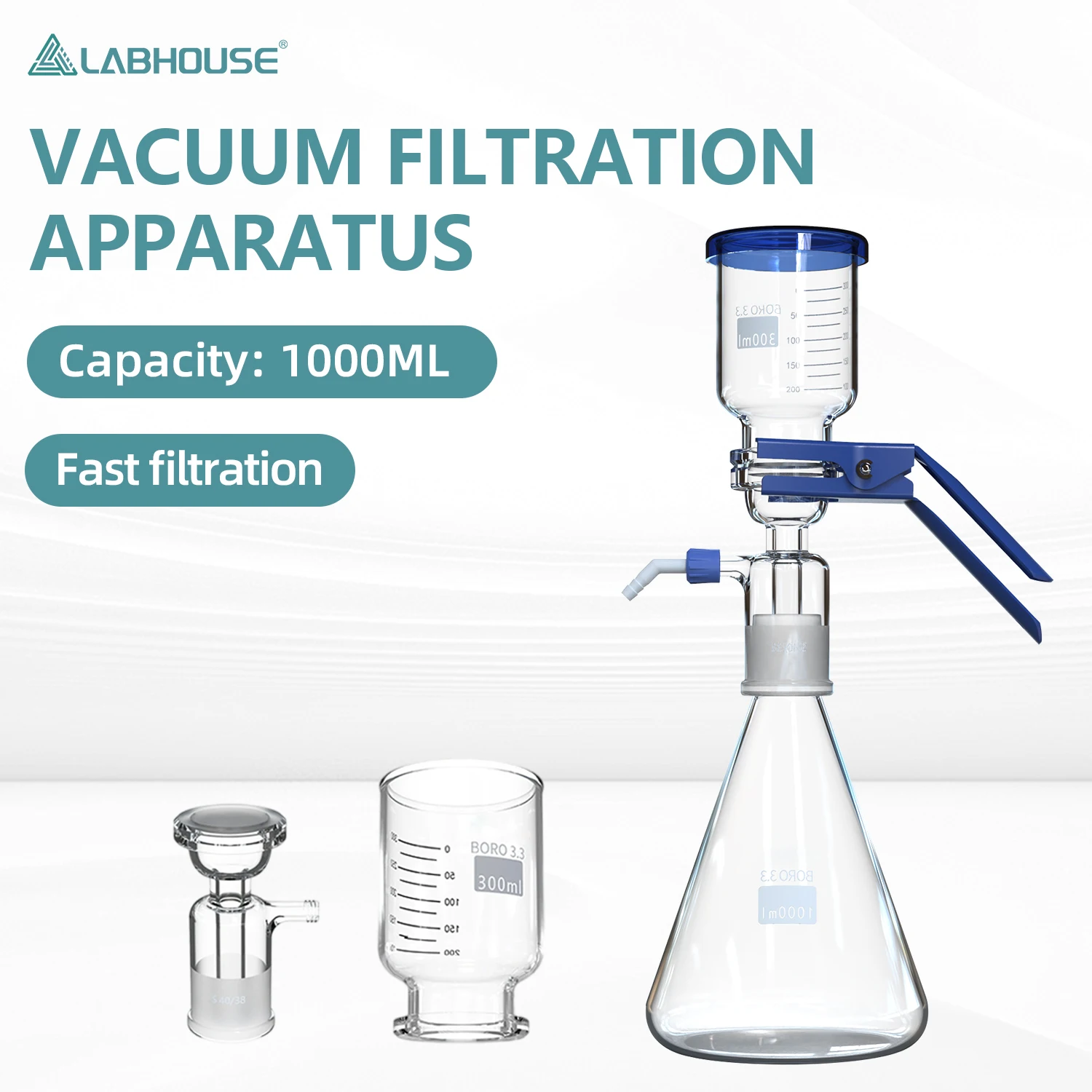 LABHOUSE Vacuum Suction Filtration Kit 1000mL Filtering Flask 300mL Glass Buchner Funnel Lab Equipment