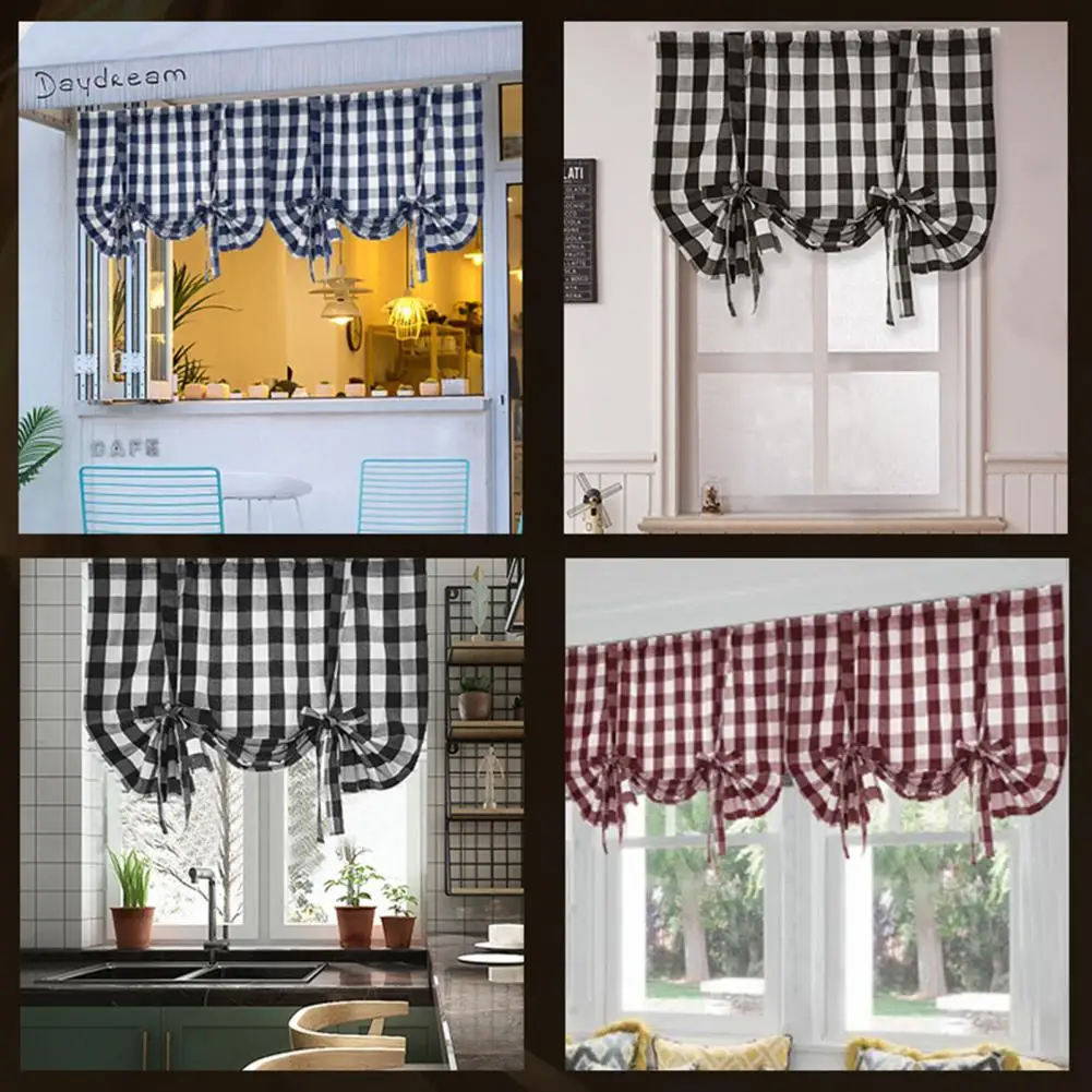 Decorative Valance Plaid Print Style Valance Curtain for Kitchen Bathroom Decor Sunshade Rod Type Bow Pleated Window Treatment