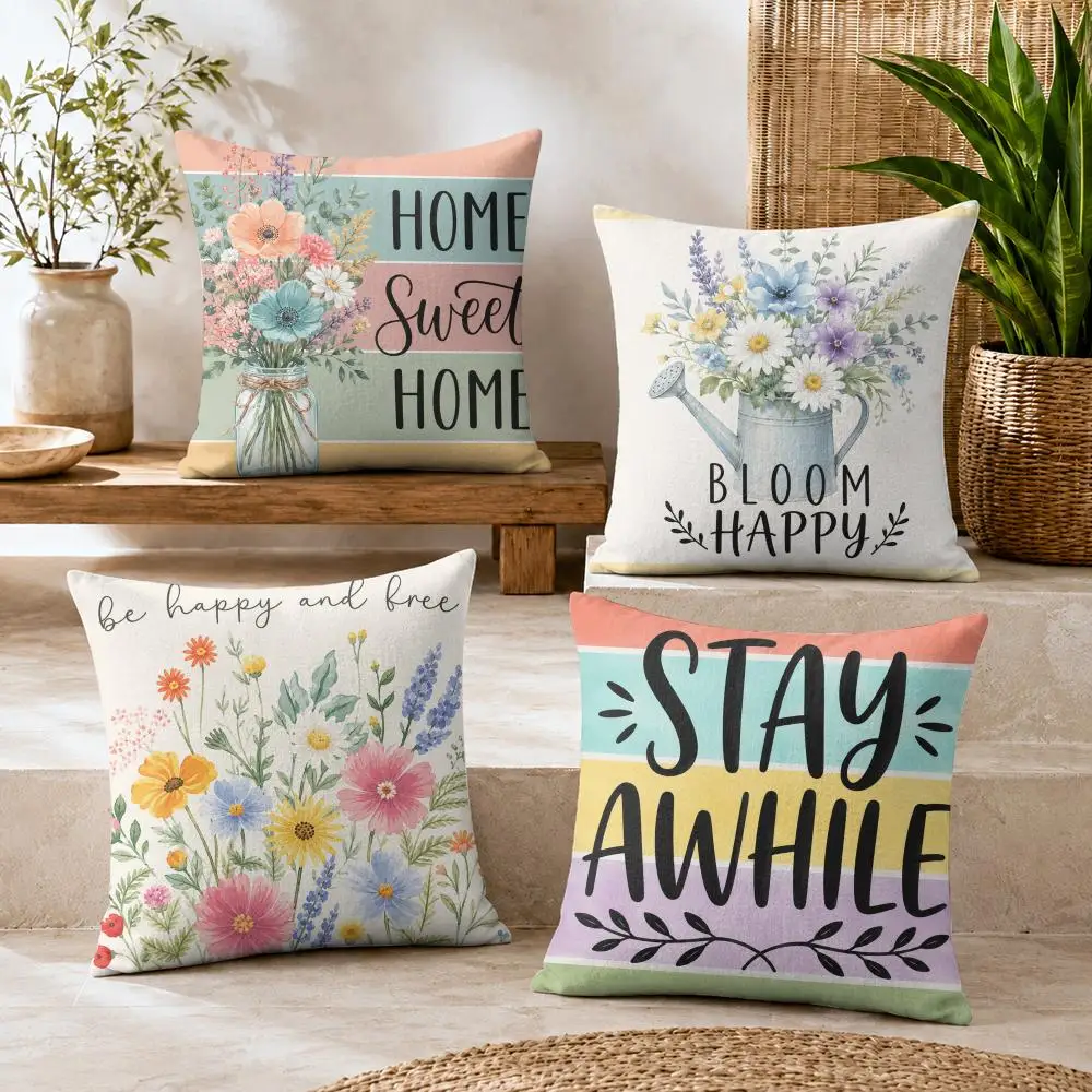 Bouquet of Flowers Cushion Cover Short Plush Soft Double-Sided Printing Pillow Case Cozy Sofa Bedroom Home Decor Gift