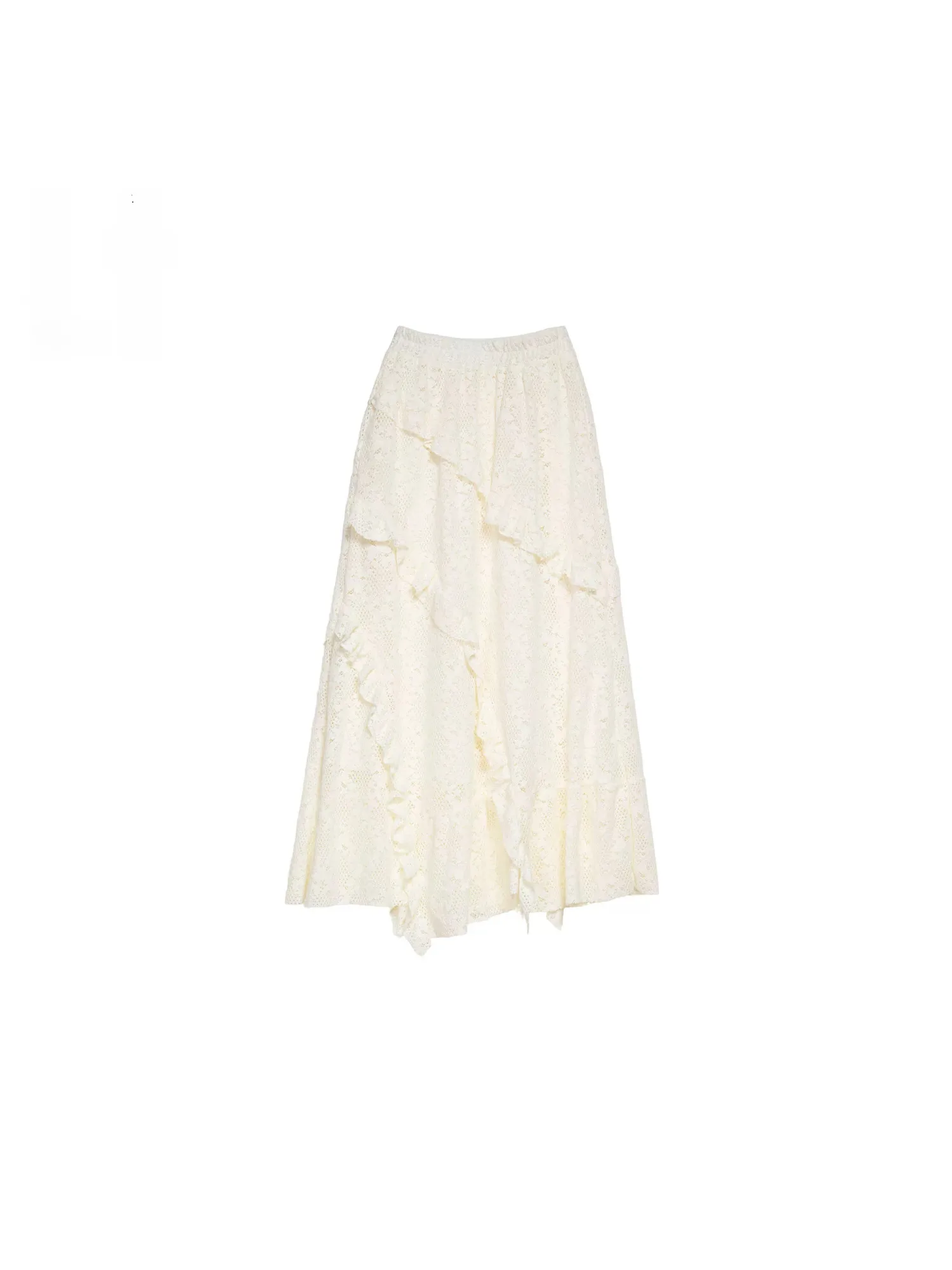 Saia Midi Godê de Renda Vazada Forever 21 para o Verão, Cintura Alta, Efeito Emagrecedor, Versátil, Drapeada, Assimétrica, Ca...