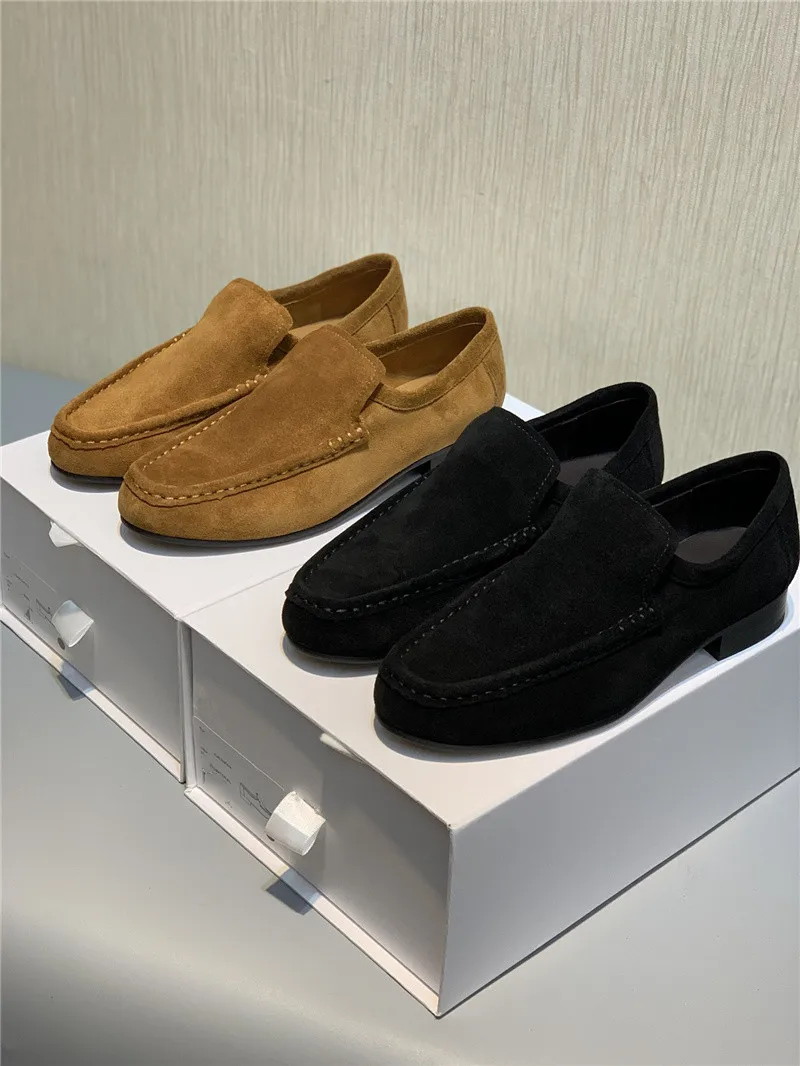 Spring Autumn T**ROW Women\'s Flat Shoes Solid Suede Casual Loafers For Woman Black Slip-on Shoes