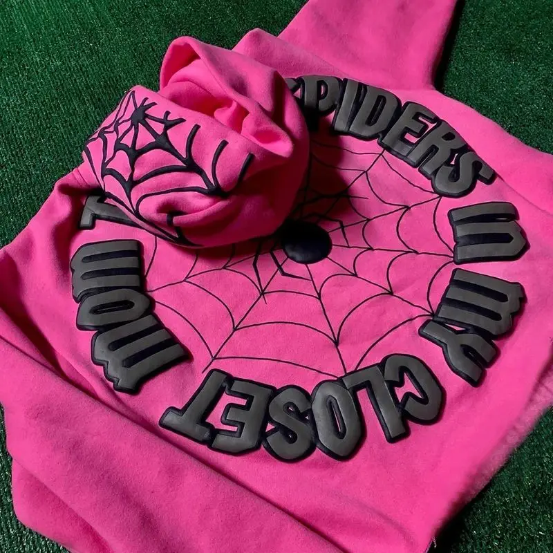 Pink Hoodie Spider Web Printed Extra Large Long sleeved Hoodie Harajuku Hip Hop Fashion Sweatshirt Pullover Y2k Clothing