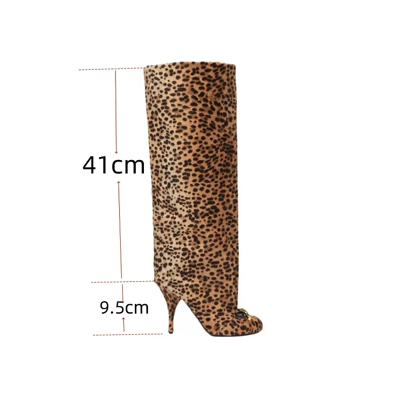 European and American High-quality Sexy Leopard Print Wide Leg Knee High Boots Women's Fashion Slim High-heeled Walking Boots